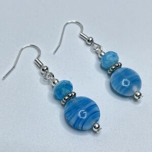 Artisan Blue Blown Glass Beaded Silver Tone Dangle Earrings Boho Nautical Cute